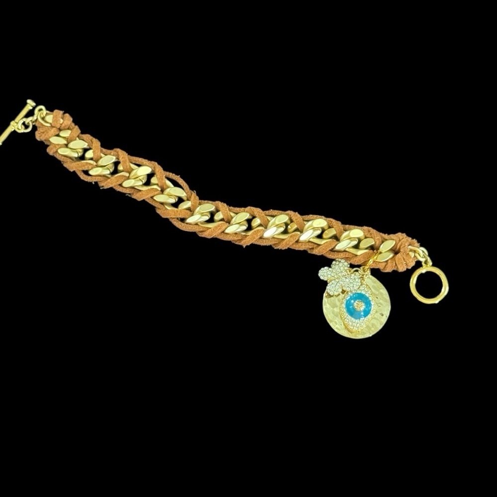 CN leather and gold tone evil eye butterfly toggle bracelet